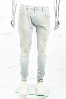 Light Blue Heavy Wash Distressed Embroidered Skinny Jeans