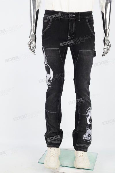 Black embroidered patchwork flared overalls