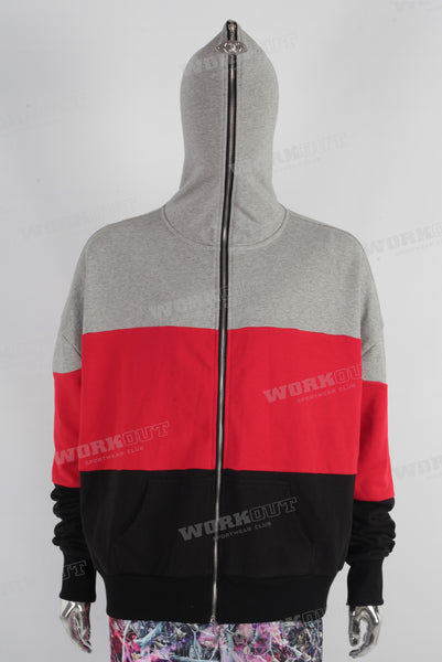 Red patchwork zip up hooded jacket