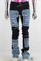 Black patchwork damaged stack jeans