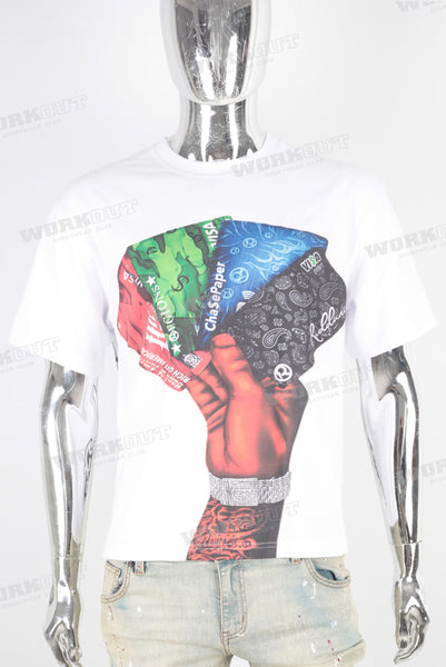 White digital print rhinestone patchwork t shirt