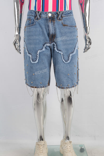 Blue damaged rivet shorts