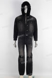 Black damaged hooded jacket and straight jeans set