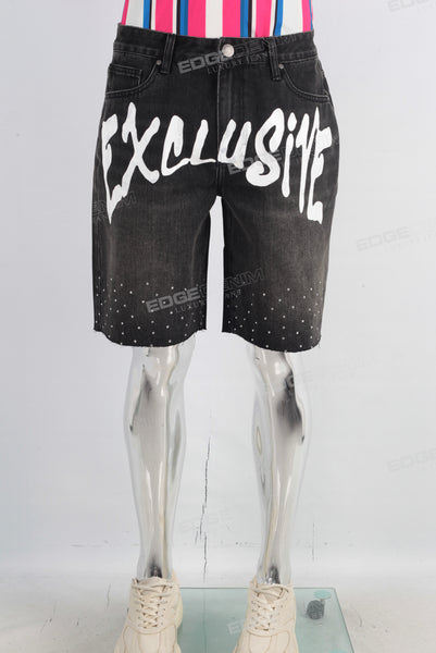 Black digital print rhinestone patchwork shorts