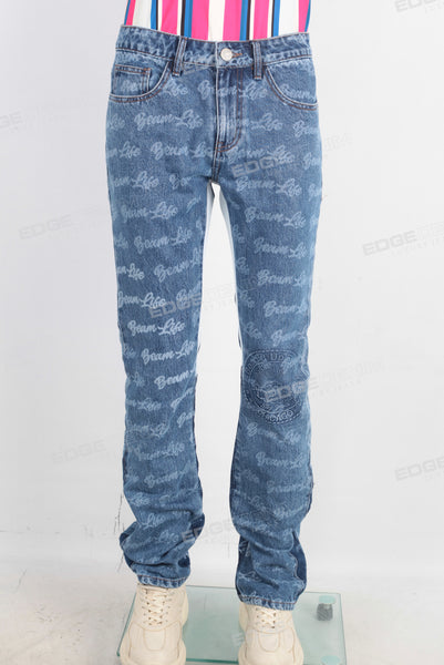 Blue laser patchwork flare jeans