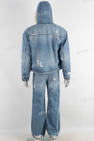 Blue damaged jacket and straight jeans set