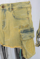 Yellow embroidered patchwork cargo skirt