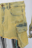 Yellow embroidered patchwork cargo skirt