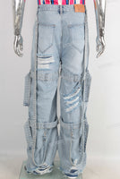 Blue damaged patchwork boot cut jeans