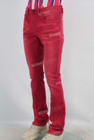 Red acid washed slim fit jeans