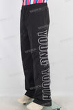 Black embroidered patchwork straight pants