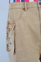 Yellow embroidered damaged cargo shorts