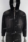 Black damaged hooded jacket and straight jeans set