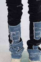 Black patchwork damaged stack jeans