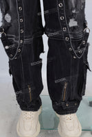 Black damaged cargo zipper patchwork jeans