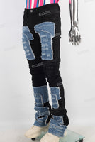 Black patchwork damaged stack jeans