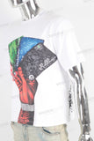 White digital print rhinestone patchwork t shirt