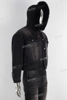 Black damaged hooded jacket and straight jeans set