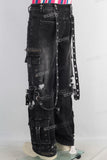 Black damaged cargo zipper patchwork jeans