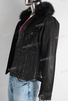 Black waxed faux fur embroidered jacket