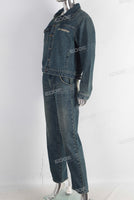 Women blue acid washed jacket and straight jeans set