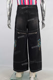 Black straight cargo digital print jeans