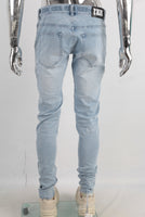 Blue embroidered patchwork damaged jeans