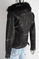 Black waxed faux fur embroidered jacket