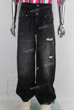 Double lavered black damage patchwork baggy jeans