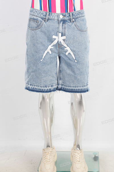 Blue patchwork boot cut shorts