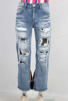 Blue damaged patchwork flare jeans