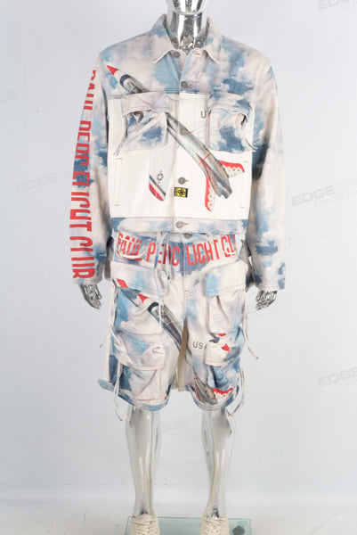 Digital print cargo denim jacket and shorts