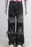 Black damaged patchwork boot cut jeans