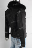 Black waxed faux fur embroidered jacket