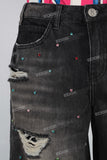 Acid washed damaged rhinestone patchwork shorts