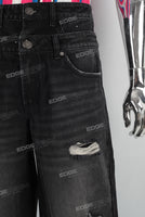 Double lavered black damage patchwork baggy jeans