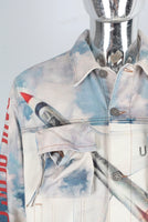 Digital print cargo denim jacket and shorts