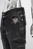 Black acid washed embroidered cargo jeans