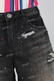 Acid washed damaged rhinestone patchwork shorts