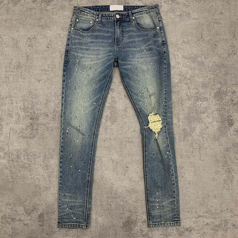 Custom Men's Blue Skinny Paint Splatters Distressed Jeans