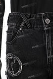 Men Fashion Vintage Wash Black Embroidery Baggy Cargo Denim Jeans