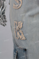 New Men Casual Pocket Cargo Denim Pants Patchwork Distressed Jeans For Men