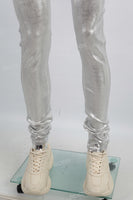 Men Skinny Stacked Waxed Jeans Silver Fashion Streetwear Denim Pants