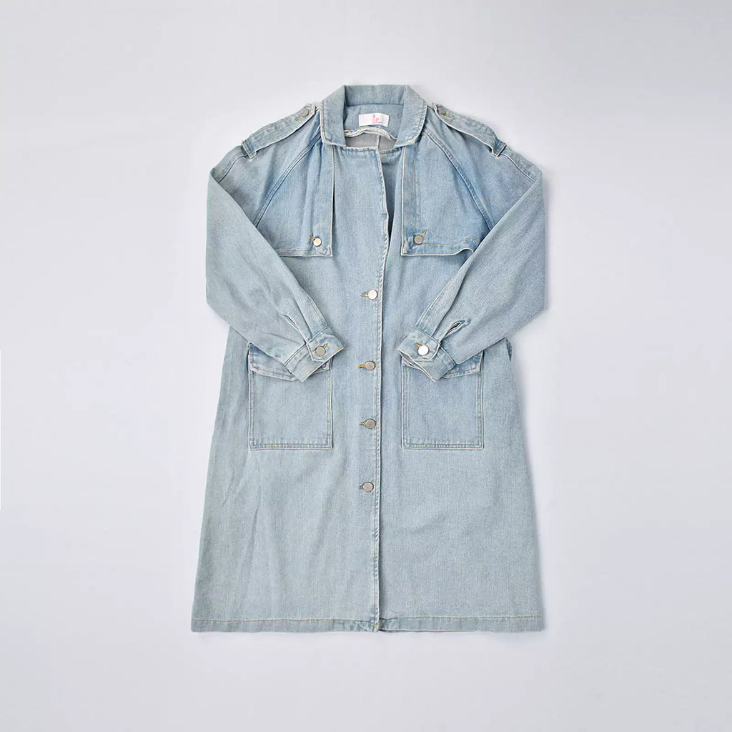Custom Women's Blue Plain Denim Long Jacket