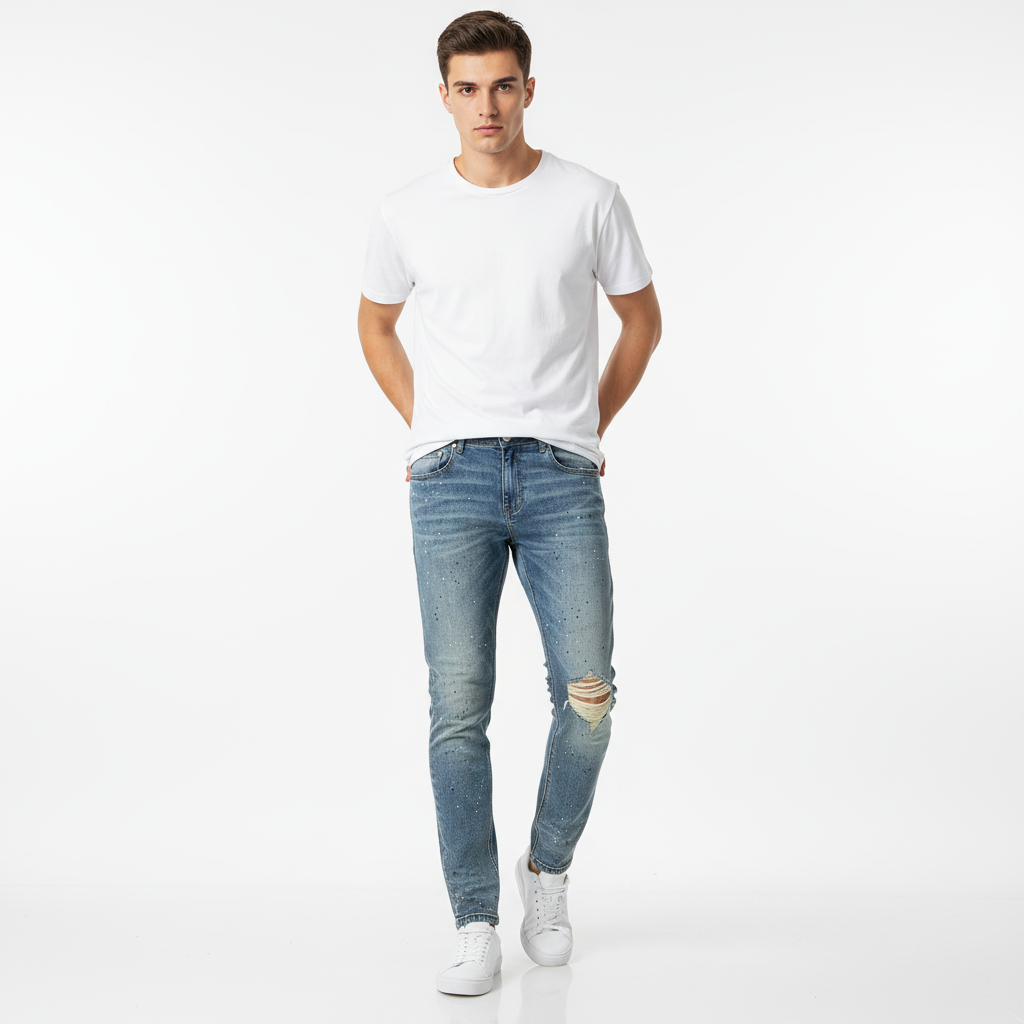 Custom Men's Blue Skinny Paint Splatters Distressed Jeans