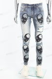 Fashion Skull Badge Embroidered Blue Mans Skinny Jeans