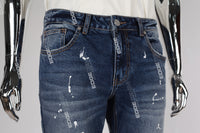 blue ripped men jeans with embroidery logo