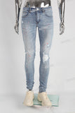 Light Blue Scratch Paint Splatters Skinny Distressed Jeans Men