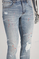 Light Blue Scratch Paint Splatters Skinny Distressed Jeans Men