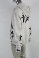 White Distressed Wash Dark Print Men's Hoodies